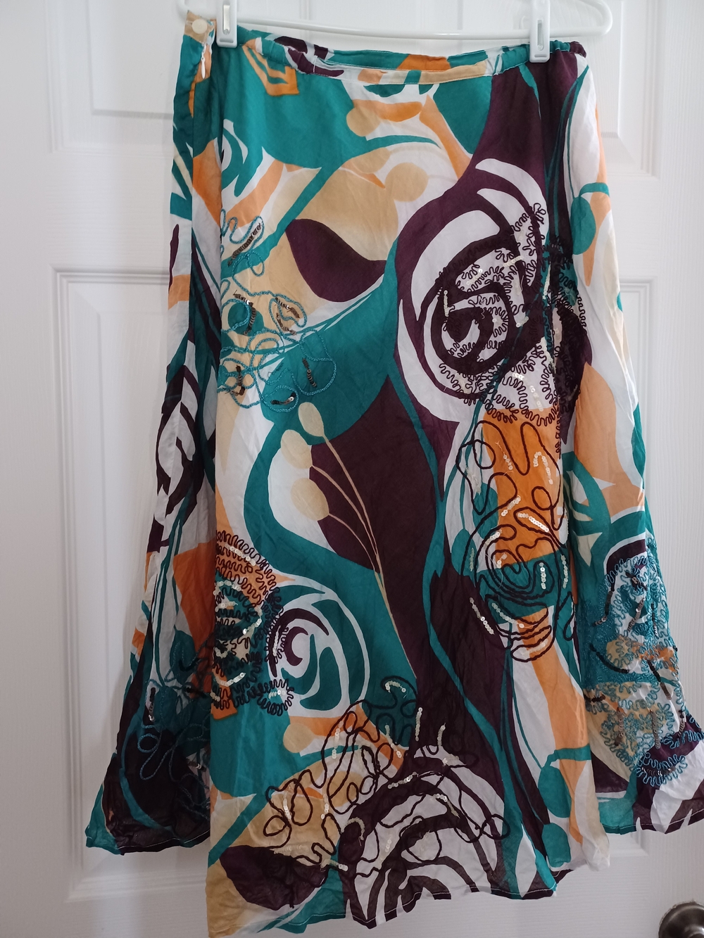 Chico's Womens Size 2-L Cbstract Teal & Mustard Embroidered & Beaded A Line